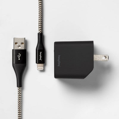 2-Port Wall Charger 15W USB-C & 5W USB-A (with 6' Lightning to USB-A Cable) - heyday™ Black/Gold: phone charging block