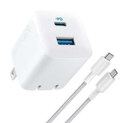 Anker 2 Port 33W Wall Charger with 6' USB-C to USB-C Cable - White: Quick Charge, 9V Output